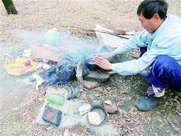 青島帳篷哥小樹(shù)林里住一年 撿東西吃拒絕救助